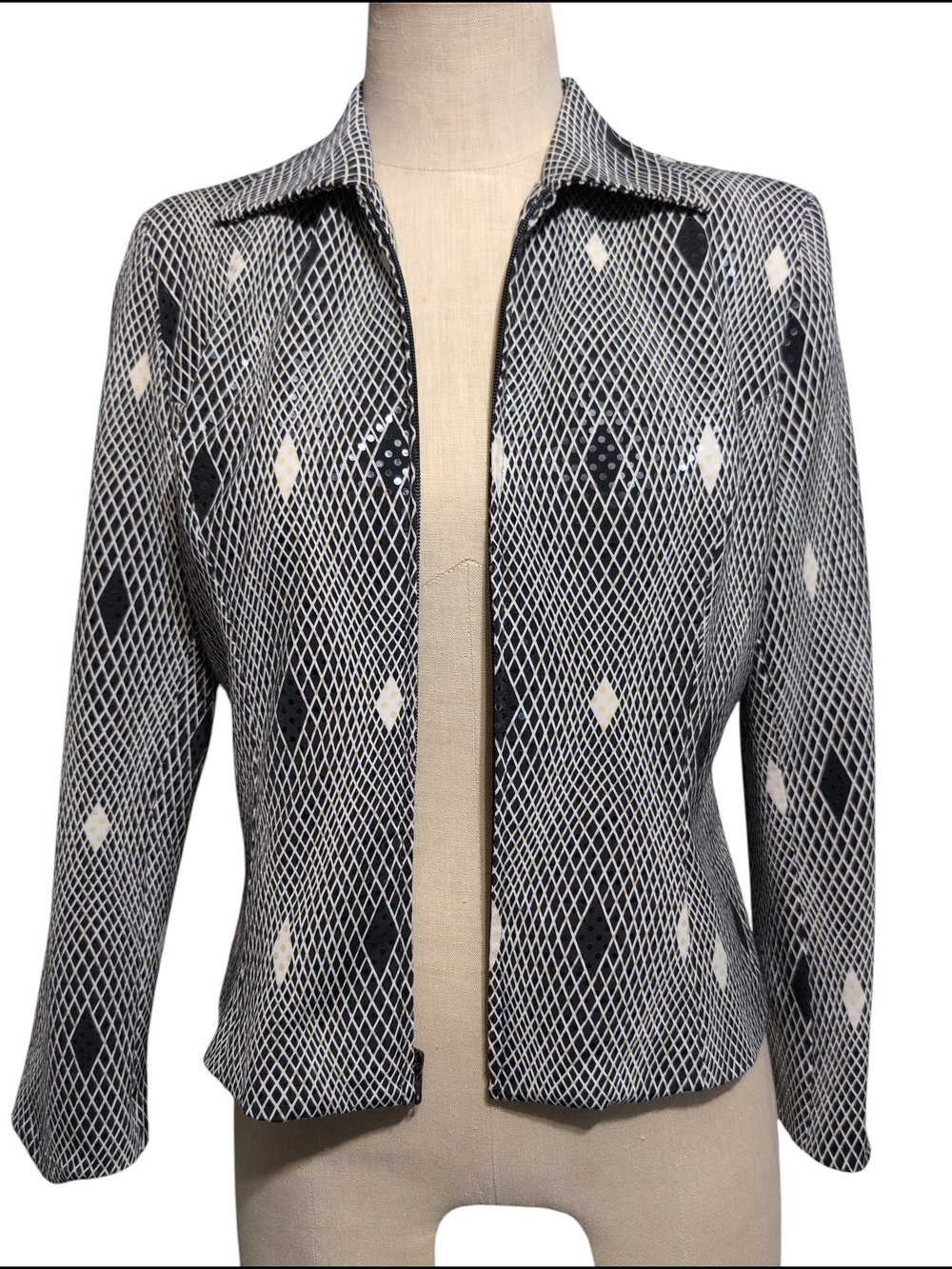 Vintage Mesmerize Black & White Diamond Patterned Zip Front Jacket Unique Small